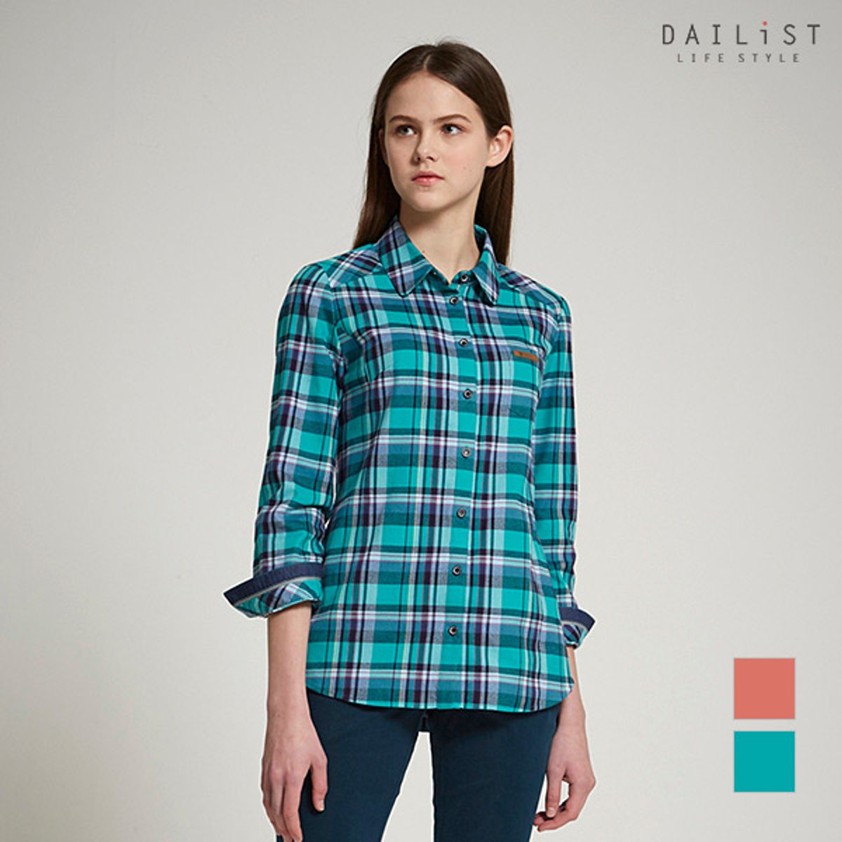 데일리스트(DAILIST) 데님 배색 체크 블라우스_MDBNLWS1211