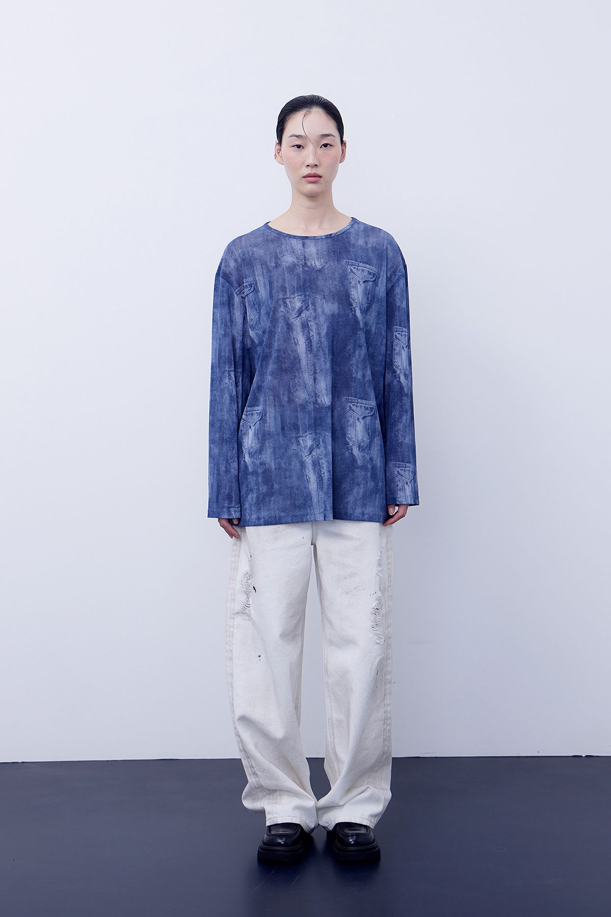 노 엑스트라 터치(NO EXTRA TOUCH) Denim Printed Mash T-shirts (blue) / 25SPTS005BL