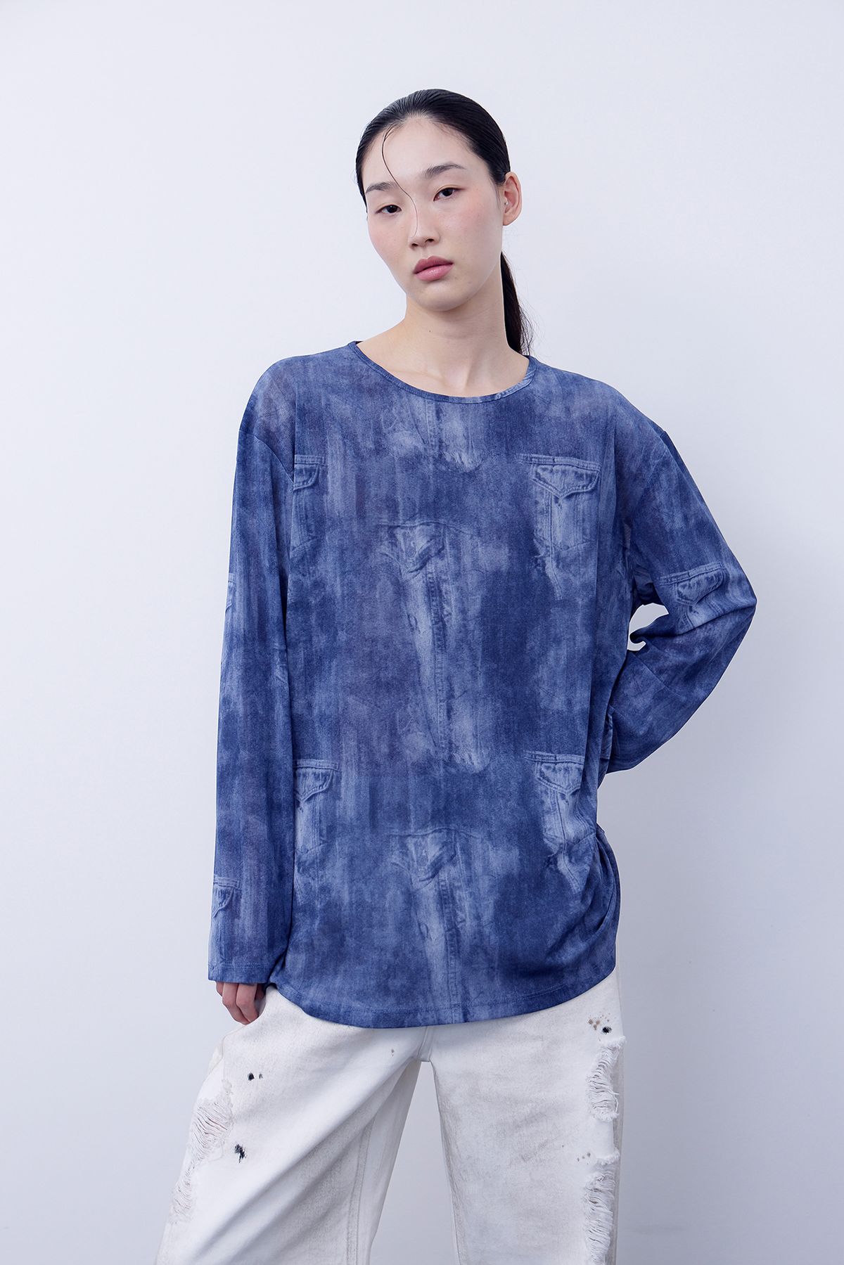 노 엑스트라 터치(NO EXTRA TOUCH) Denim Printed Mash T-shirts (blue) / 25SPTS005BL