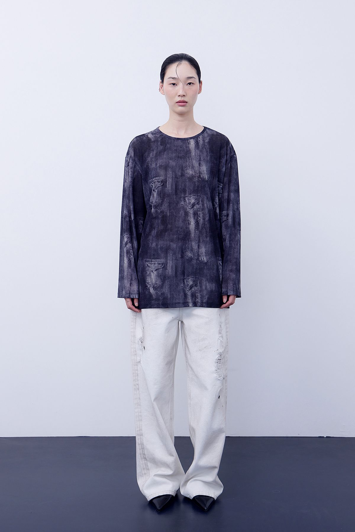 노 엑스트라 터치(NO EXTRA TOUCH) Denim Printed Mash T-shirts (black) / 25SPTS005BK