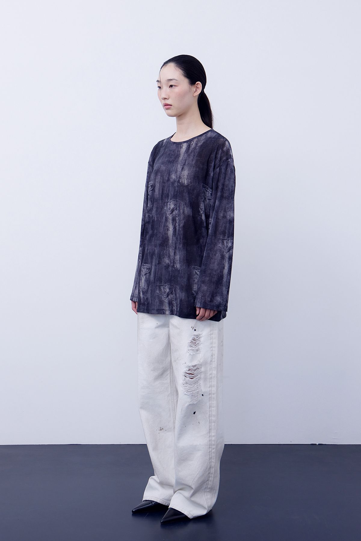 노 엑스트라 터치(NO EXTRA TOUCH) Denim Printed Mash T-shirts (black) / 25SPTS005BK