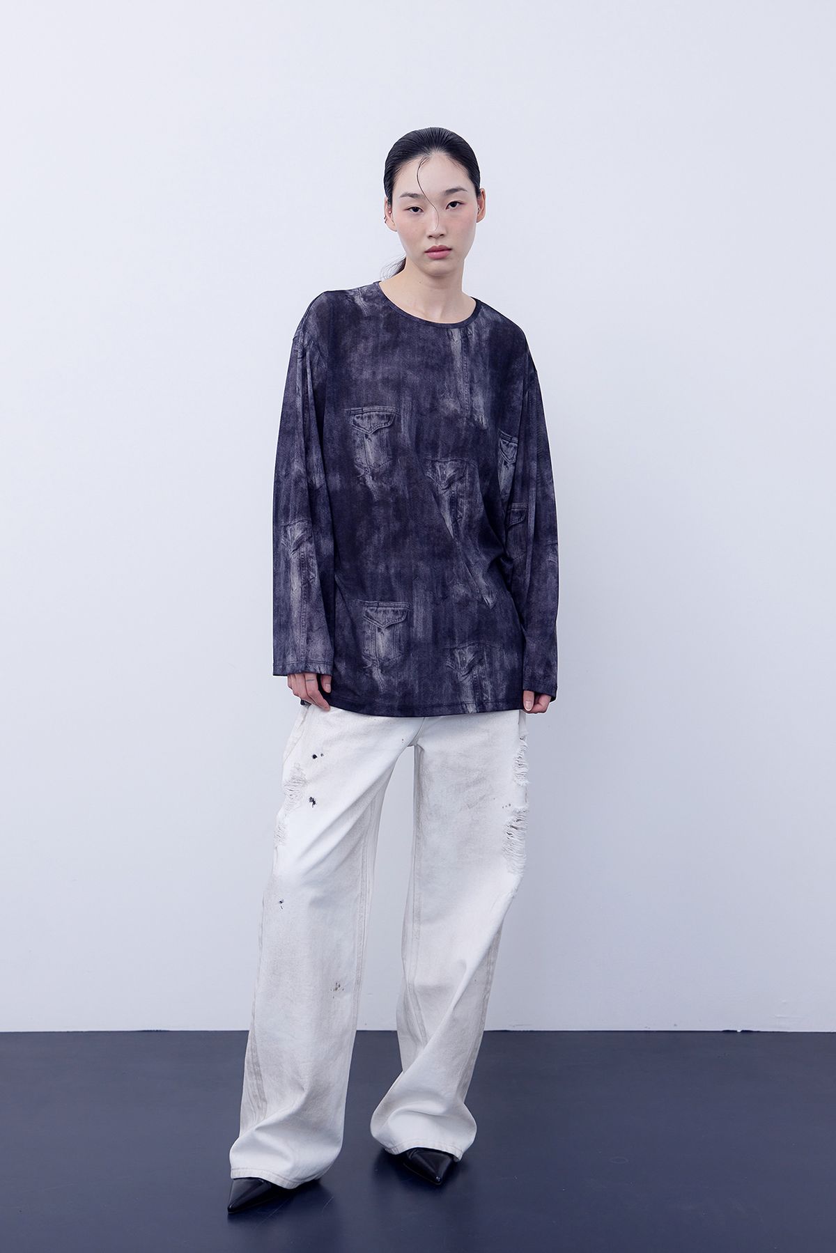 노 엑스트라 터치(NO EXTRA TOUCH) Denim Printed Mash T-shirts (black) / 25SPTS005BK