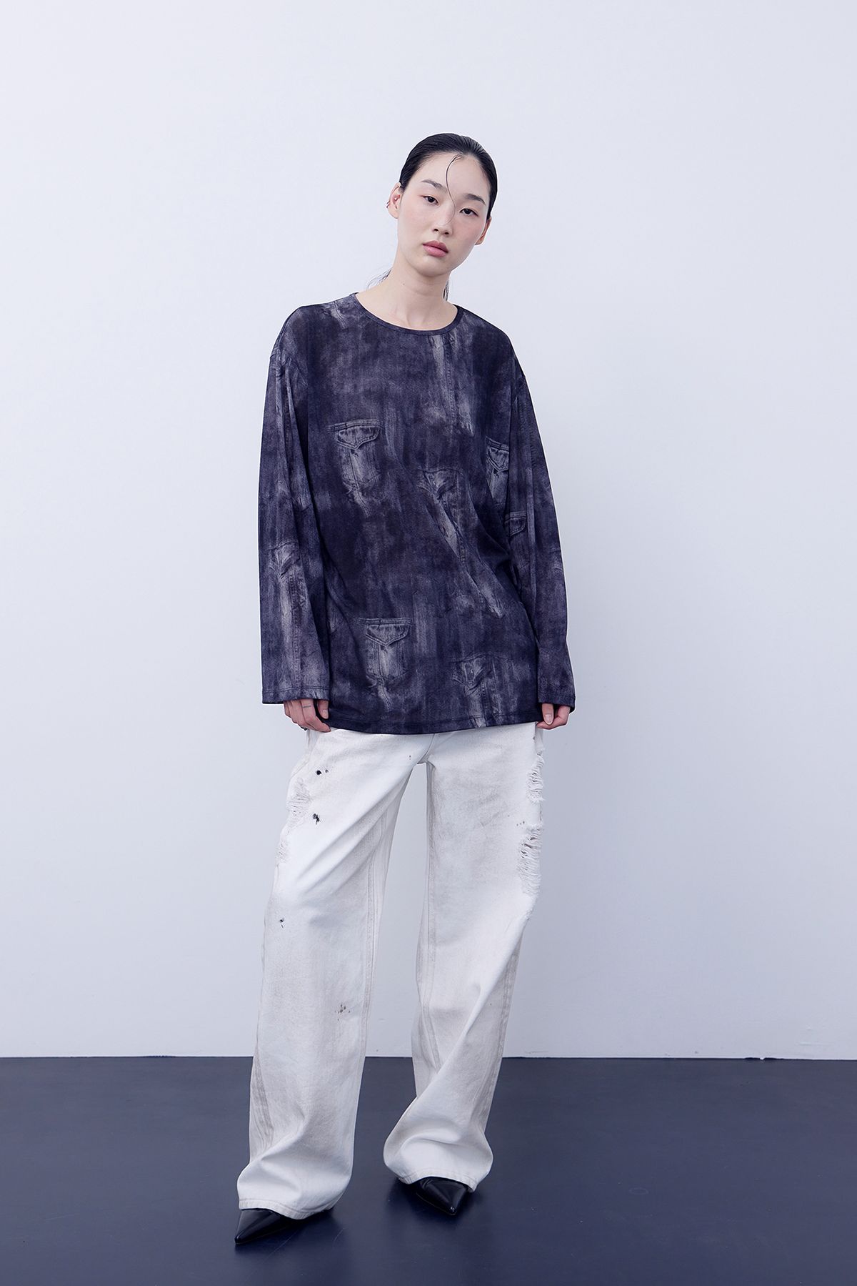 노 엑스트라 터치(NO EXTRA TOUCH) Denim Printed Mash T-shirts (black) / 25SPTS005BK