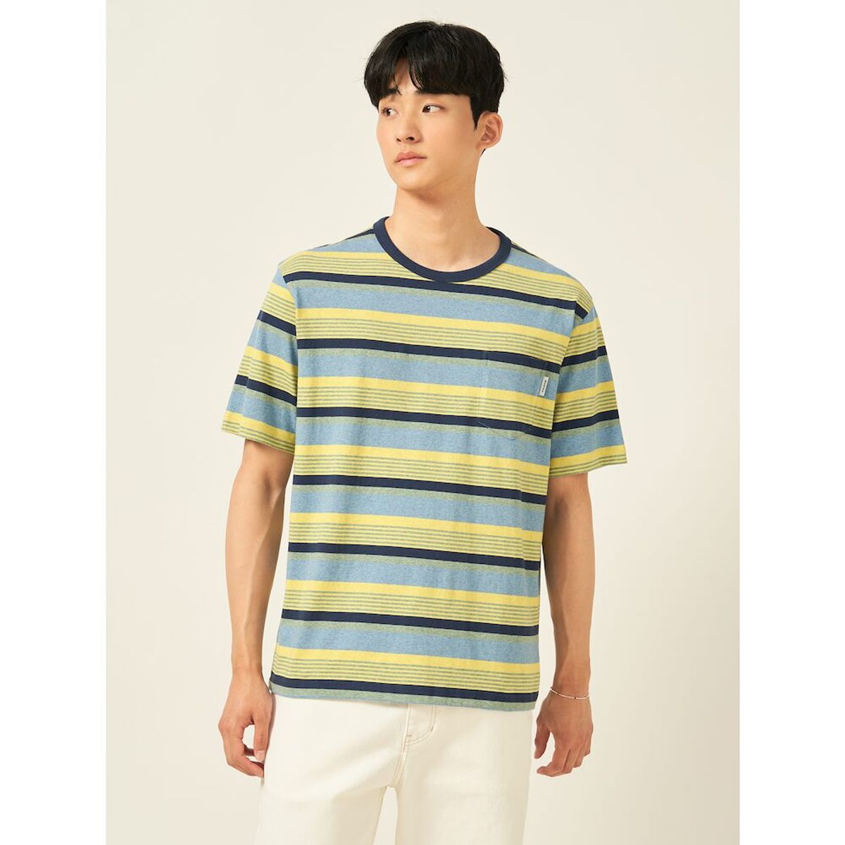 빈폴 멘(BEANPOLE MEN) 멀티 스트라이프 라운드 반소매 티셔츠  스카이 블루