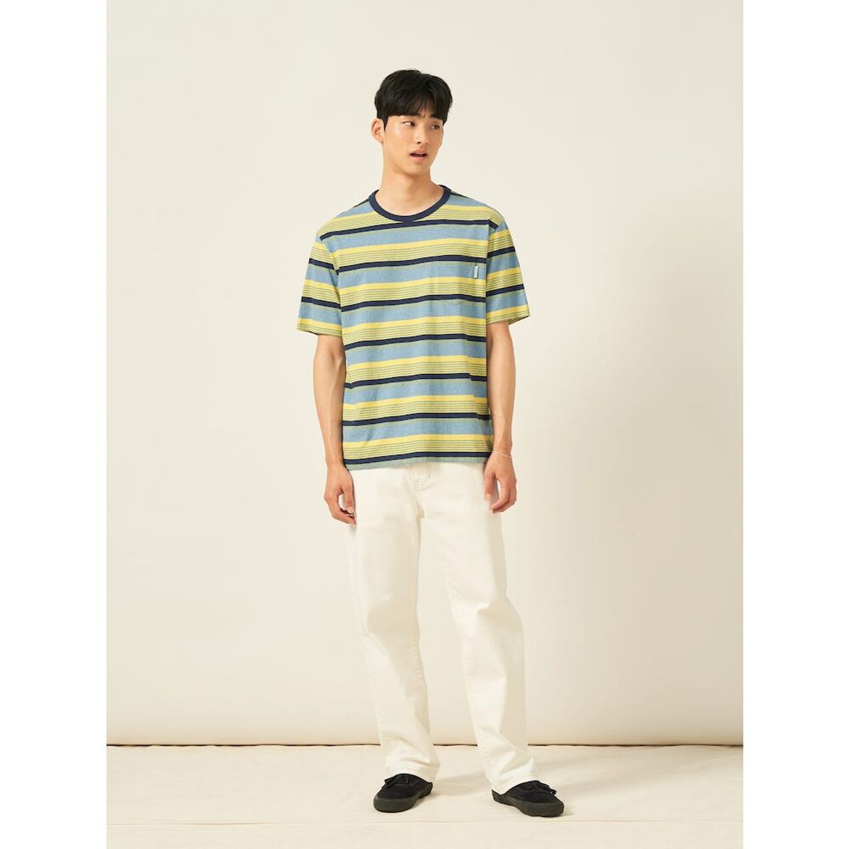 빈폴 멘(BEANPOLE MEN) 멀티 스트라이프 라운드 반소매 티셔츠  스카이 블루