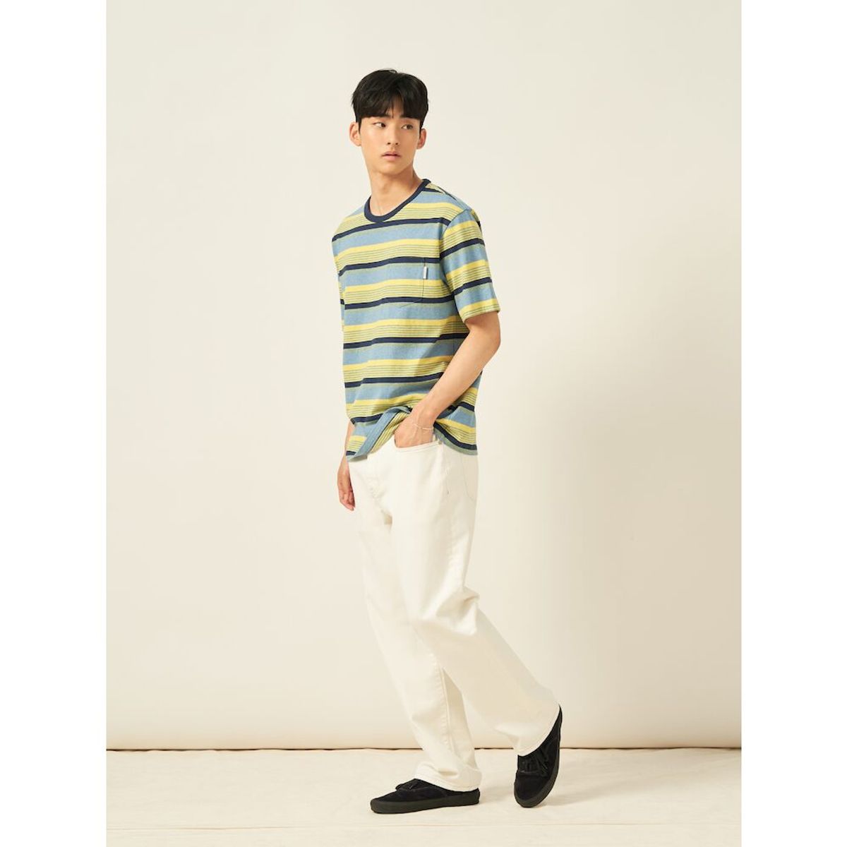 빈폴 멘(BEANPOLE MEN) 멀티 스트라이프 라운드 반소매 티셔츠  스카이 블루