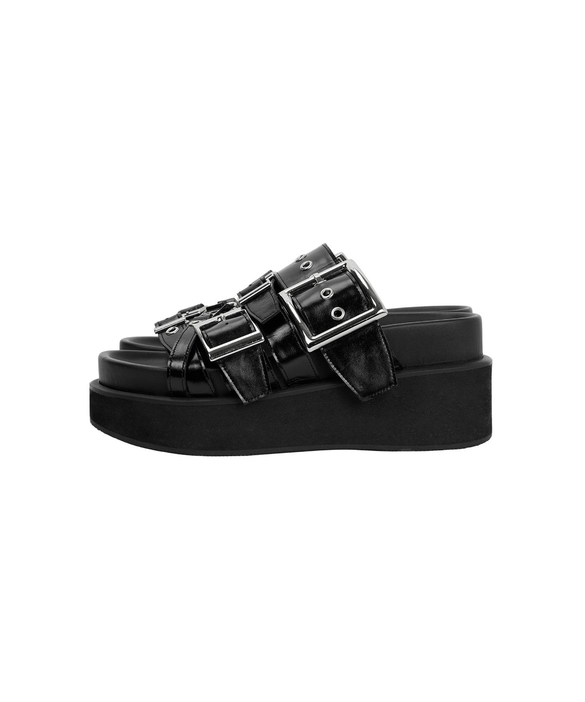 트리밍버드(TREEMINGBIRD) Bold Buckle Flatform Slides [ Black ]