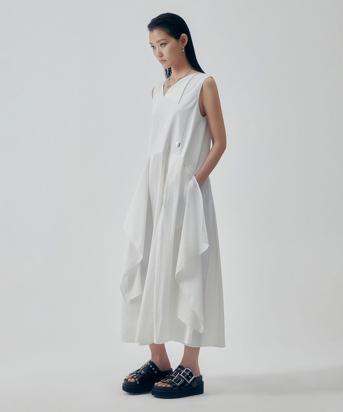 트리밍버드(TREEMINGBIRD) Overlay Draped Sleeveless One-piece [ White ]