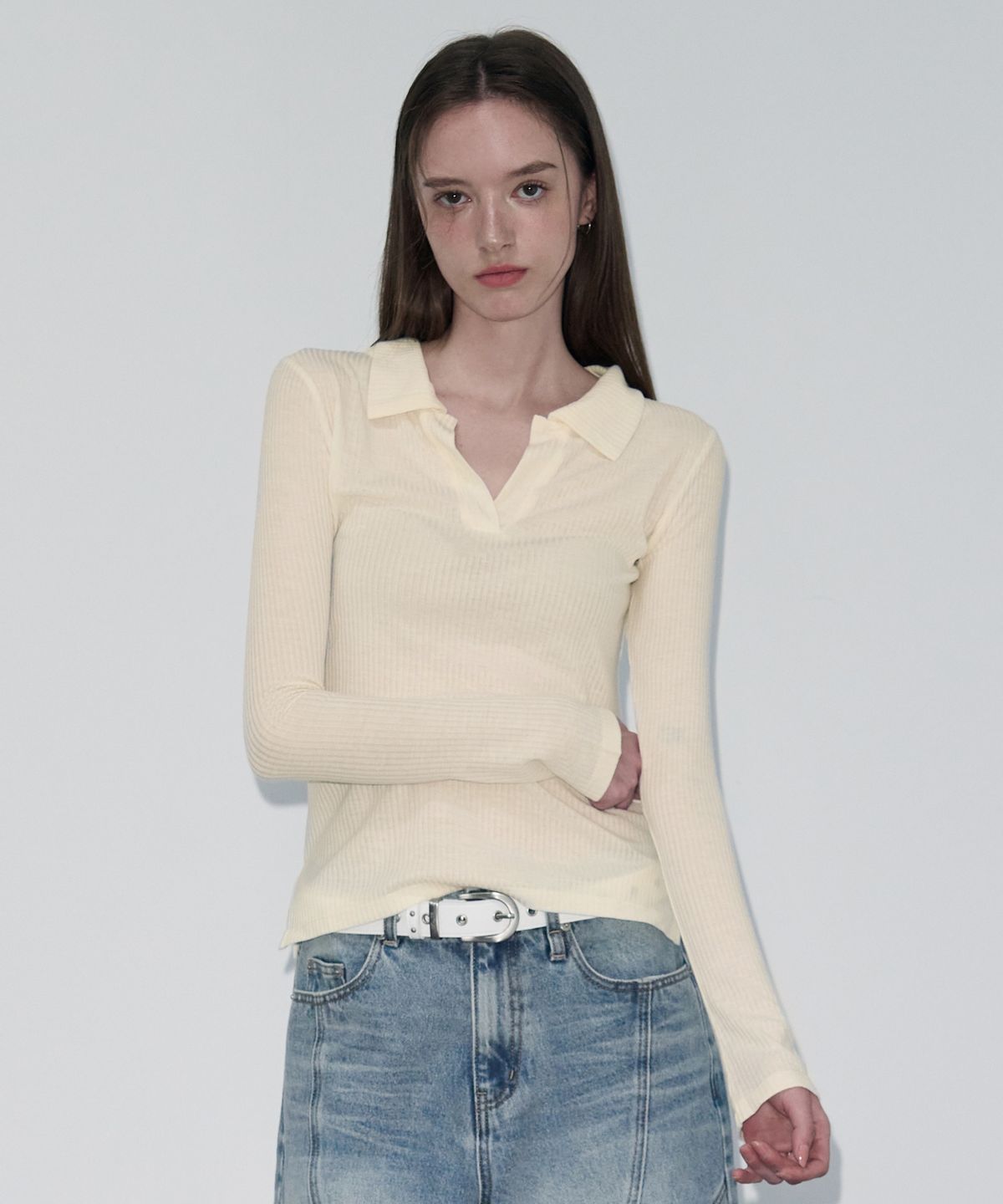 레더리(LEATHERY) 소프트 리브드 카라 탑 [YELLOW]
