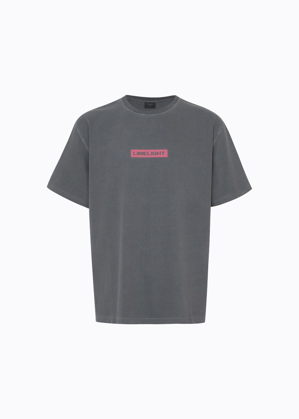 라임라잇 어패럴(LIMELIGHT APPAREL) 어패럴 피그먼트 박스 로고 티셔츠 (차콜/핑크)