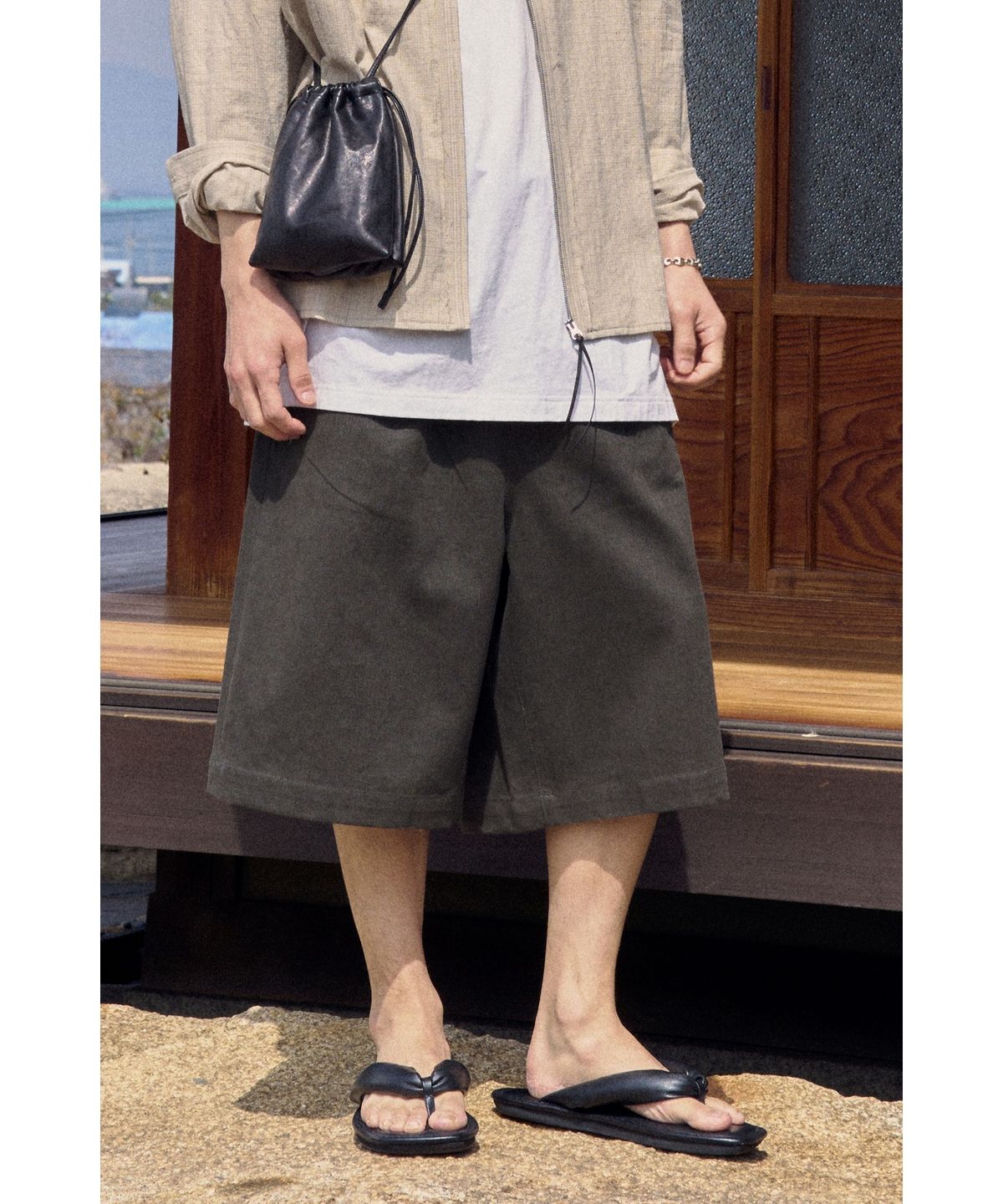 유스(YOUTH) Wide Half Denim Pants - Khaki