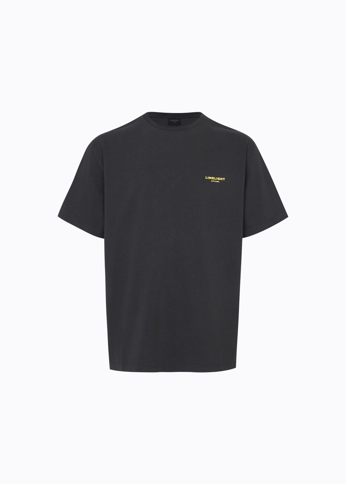 라임라잇 어패럴(LIMELIGHT APPAREL) 어패럴 피그먼트 백 로고 티셔츠 (블랙/라임라잇)