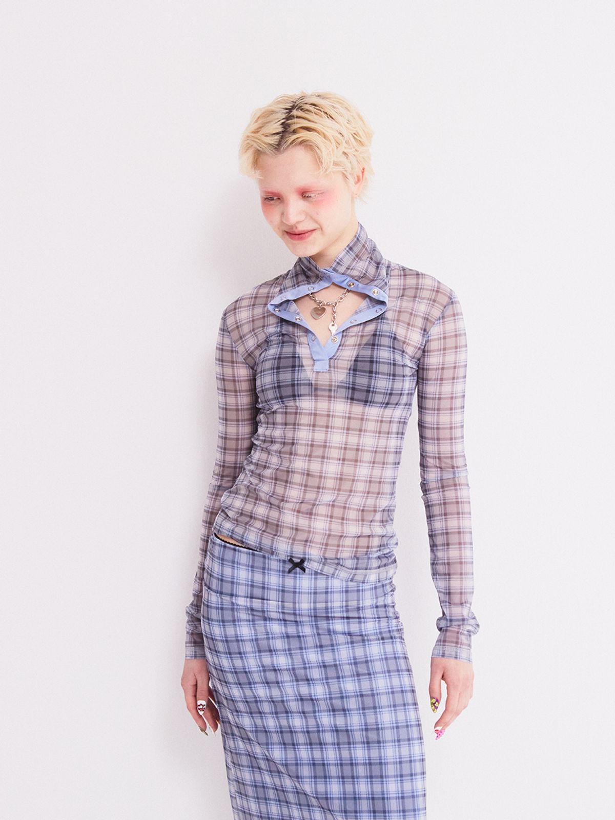 에즈이프 캘리(ASIF CALIE) VINTAGE CHECKERED LONG SKIRT SKY BLUE