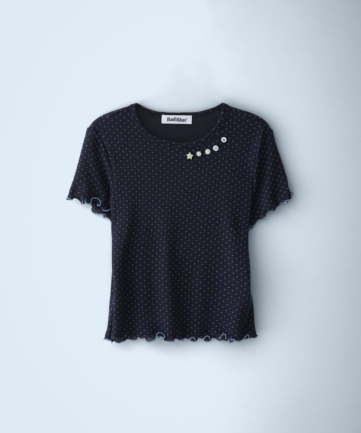 배드블루(BADBLUE) Sheer Dot Buttons Baby Tee Navy