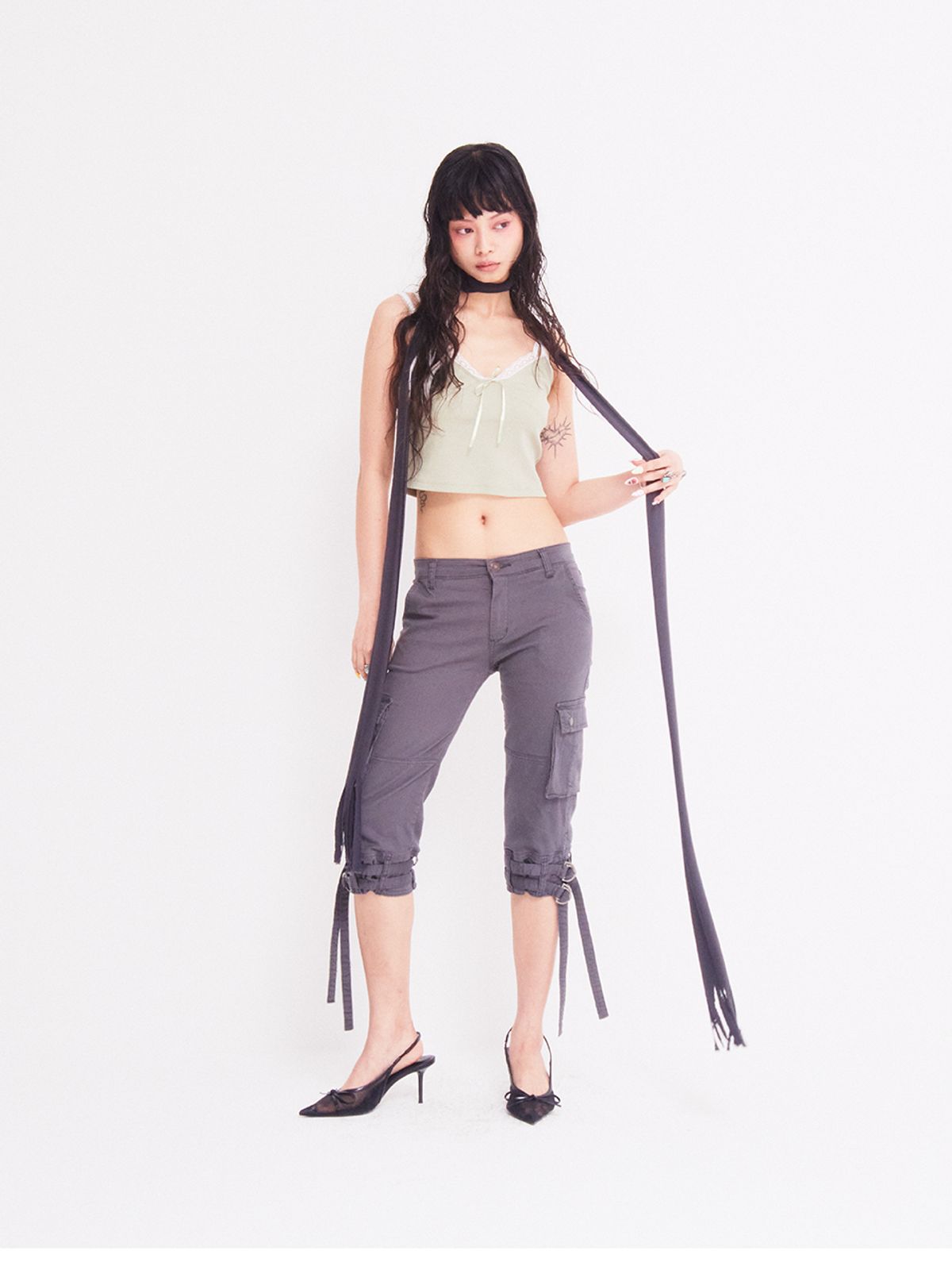 에즈이프 캘리(ASIF CALIE) GIRLISH RIBBON LAYERED SLEEVELESS KHAKI