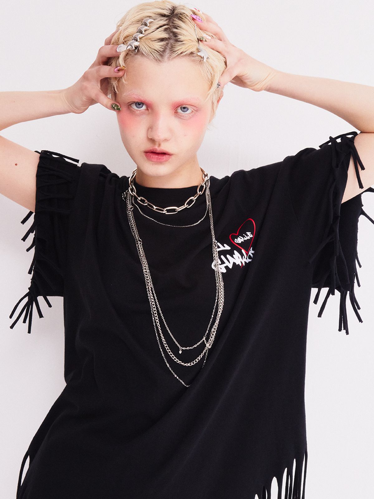 에즈이프 캘리(ASIF CALIE) GURLS OVERSIZED-FIT FRINGE T-SHIRT BLACK