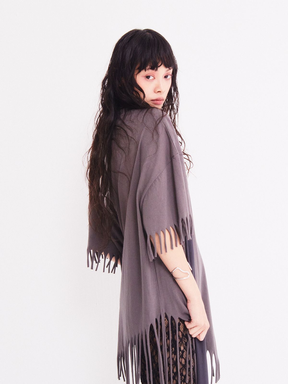 에즈이프 캘리(ASIF CALIE) GURLS OVERSIZED-FIT FRINGE T-SHIRT BROWN
