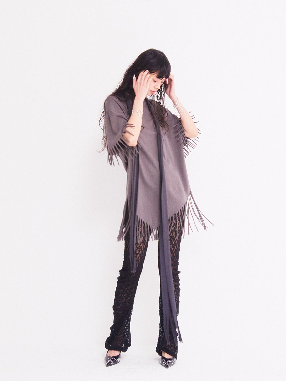 에즈이프 캘리(ASIF CALIE) GURLS OVERSIZED-FIT FRINGE T-SHIRT BROWN