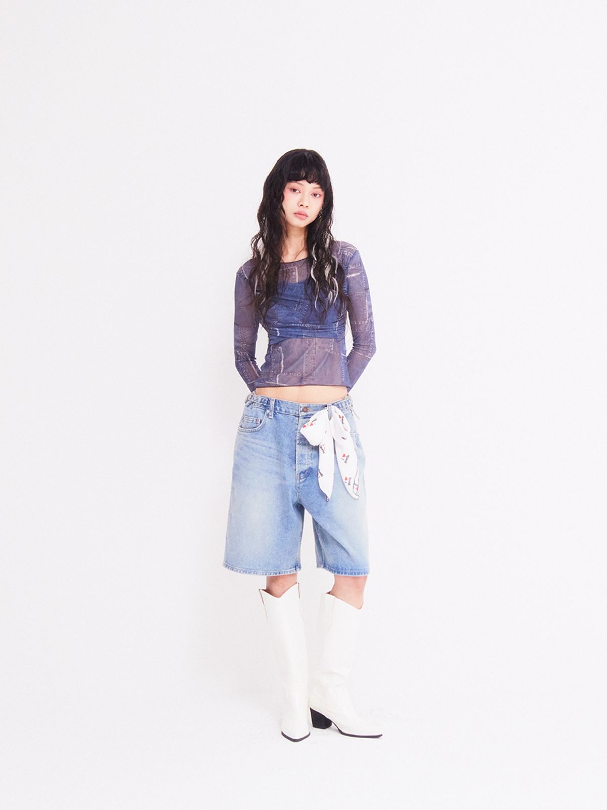 에즈이프 캘리(ASIF CALIE) CROSS WRAP PRINT LONG SLEEVE T-SHIRT DENIM BLUE