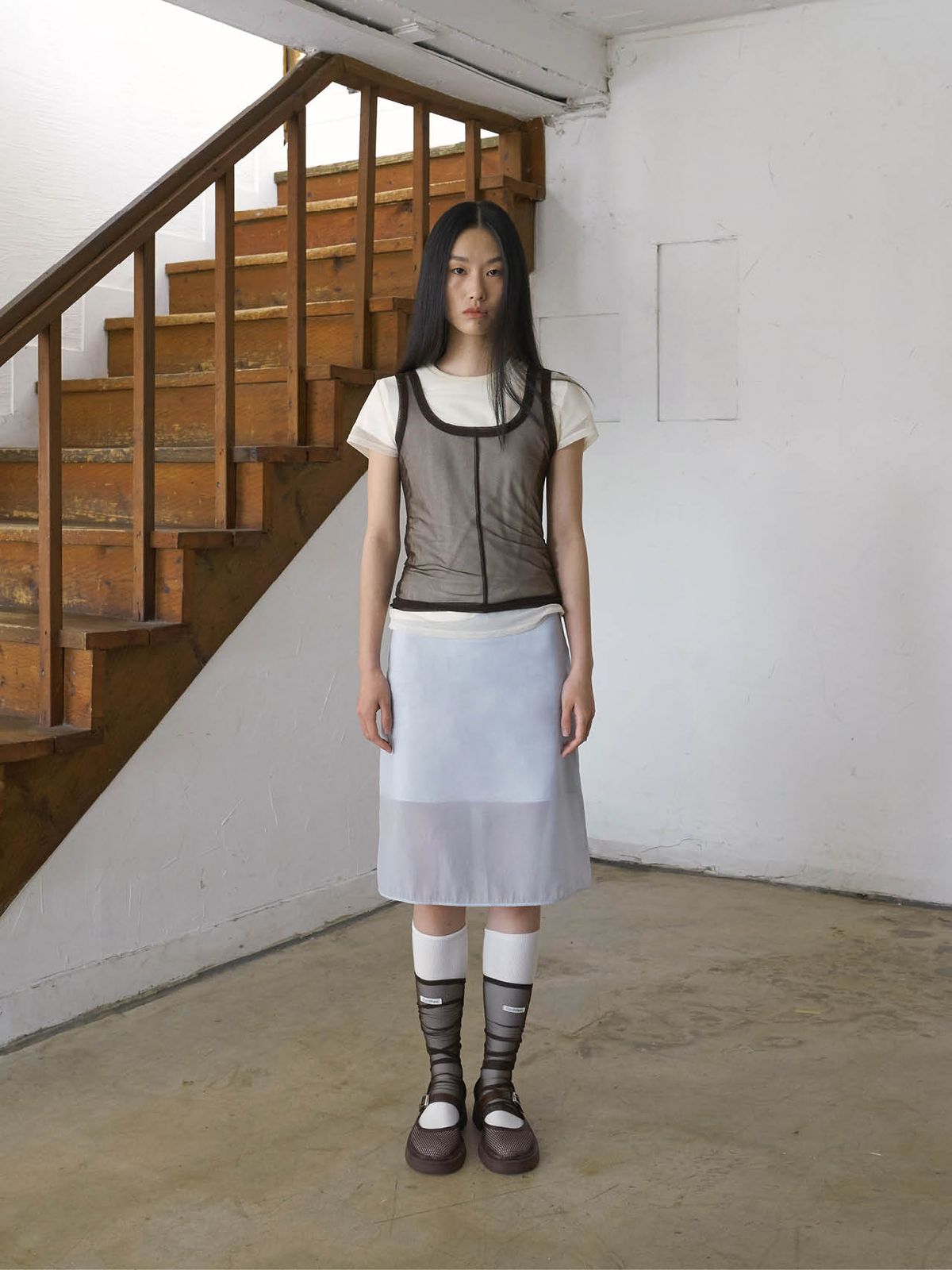 프롬웨얼(FROMWHERE) SHEER LAYERED SKIRT SKY BLUE