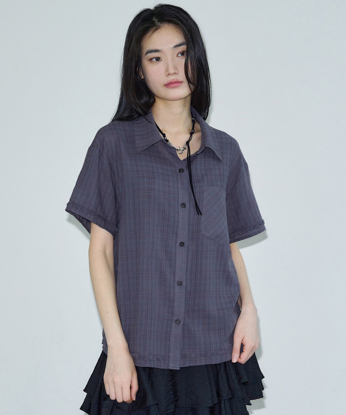 시스에이(SIS A) 레이어드 컷아웃 체크 하프 셔츠 [purple]