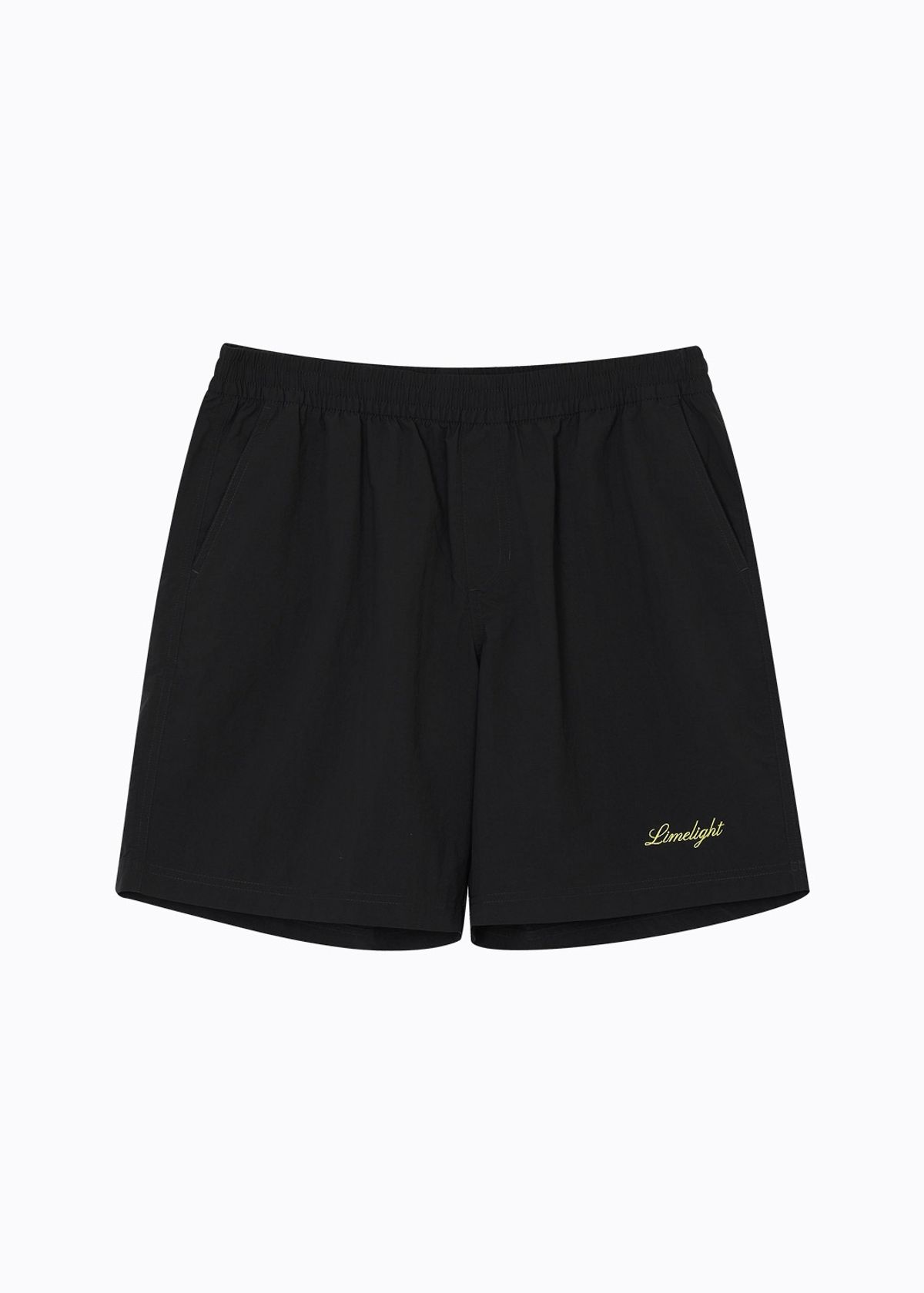 라임라잇 어패럴(LIMELIGHT APPAREL) 어패럴 스크립트 로고 나일론 쇼츠 (블랙/라임라잇)
