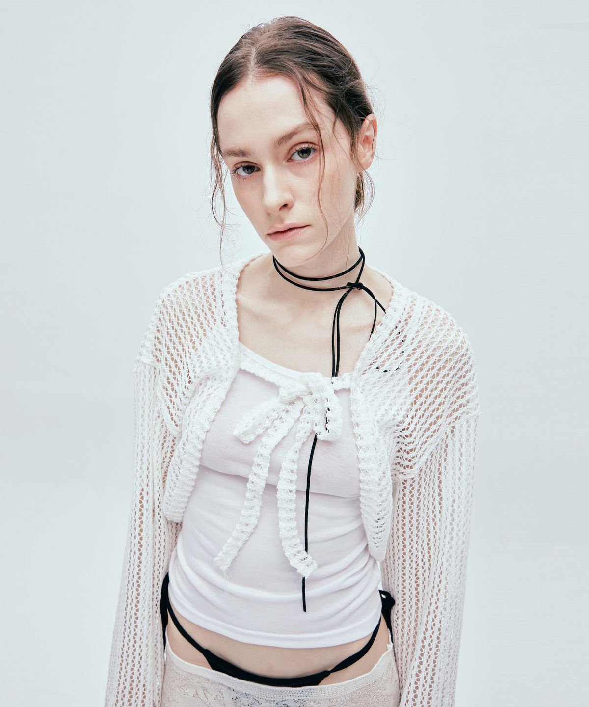 에스에스와이(SSY) [SET]피쉬넷 볼레로 & 슬리브리스 화이트