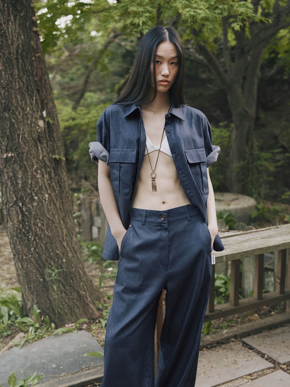 프롬웨얼(FROMWHERE) COTTON CUFFS SHIRTS D/BLUE