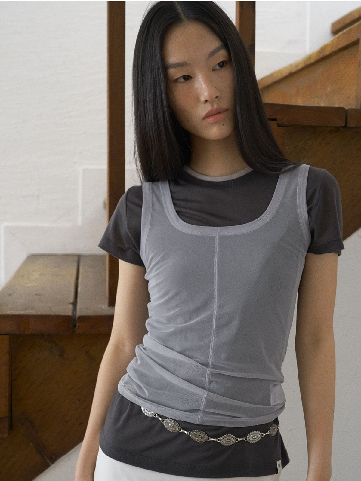 프롬웨얼(FROMWHERE) LAYERED NECK T-SHIRT CHARCOAL