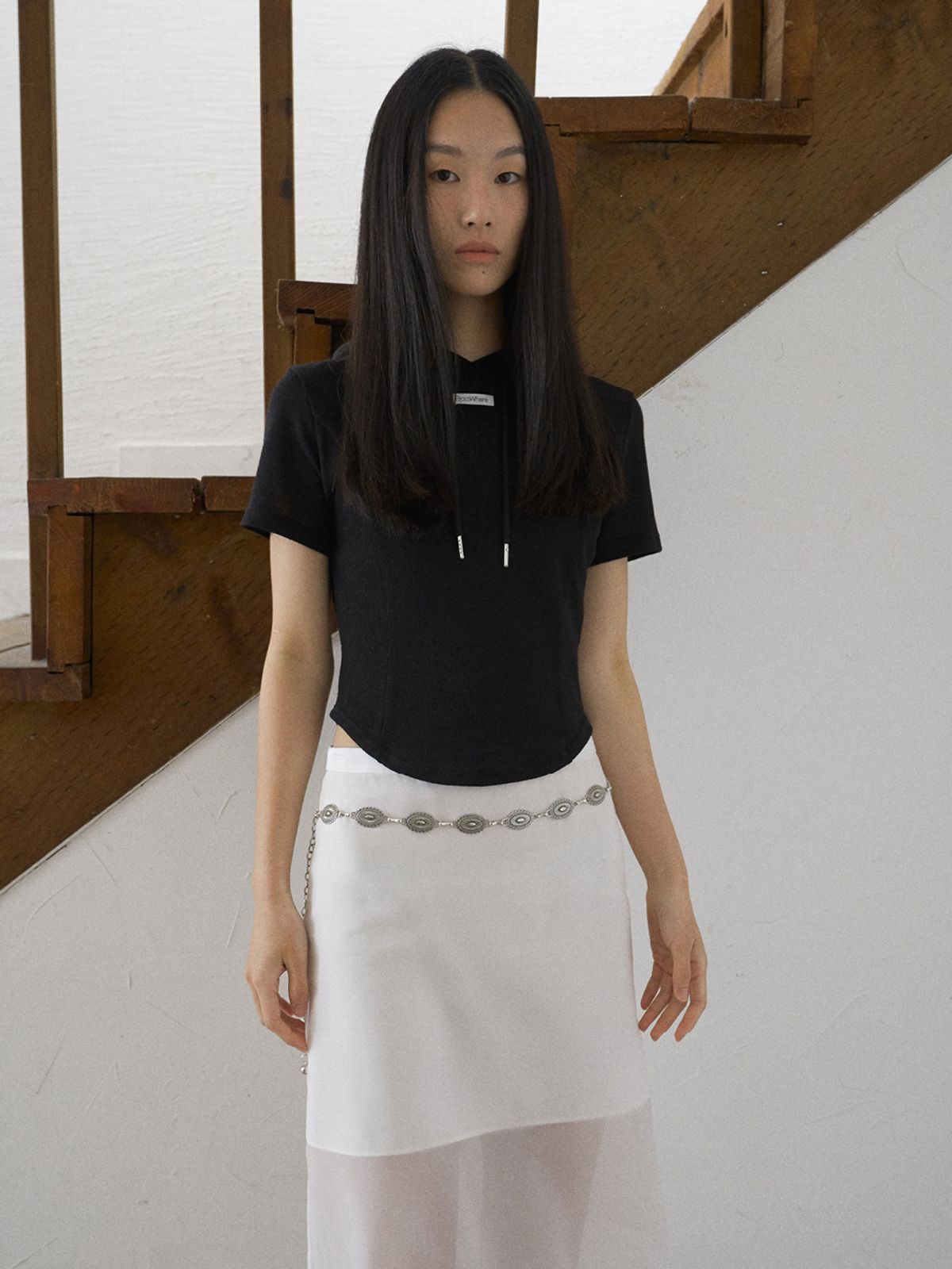 프롬웨얼(FROMWHERE) LINE HOODY HALF T-SHIRT BLACK