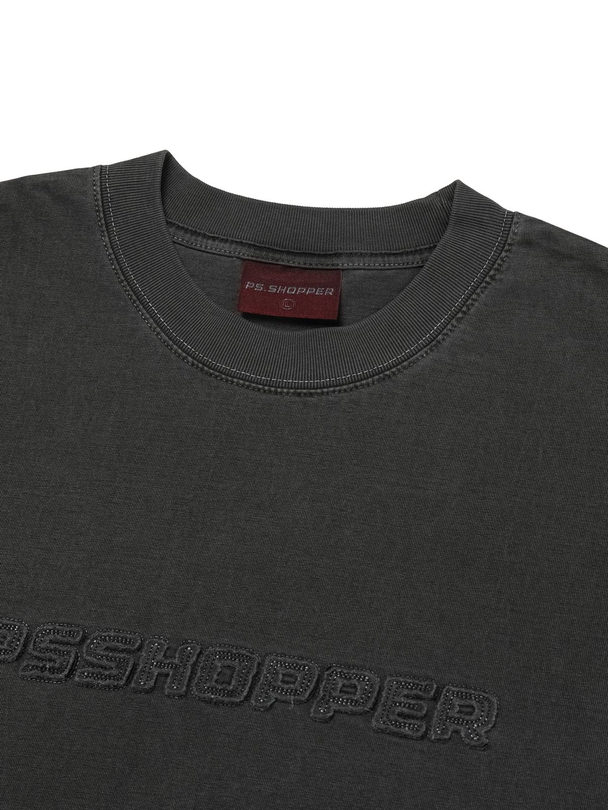피에스쇼퍼(PSSHOPPER) 피그먼트 빈티지 컷팅 로고 반팔 티셔츠 [다크 그레이]