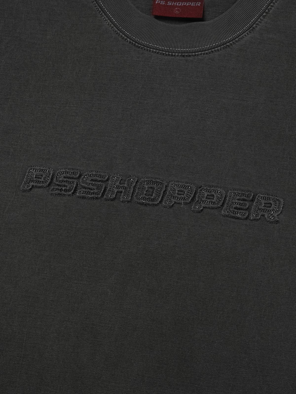 피에스쇼퍼(PSSHOPPER) 피그먼트 빈티지 컷팅 로고 반팔 티셔츠 [다크 그레이]