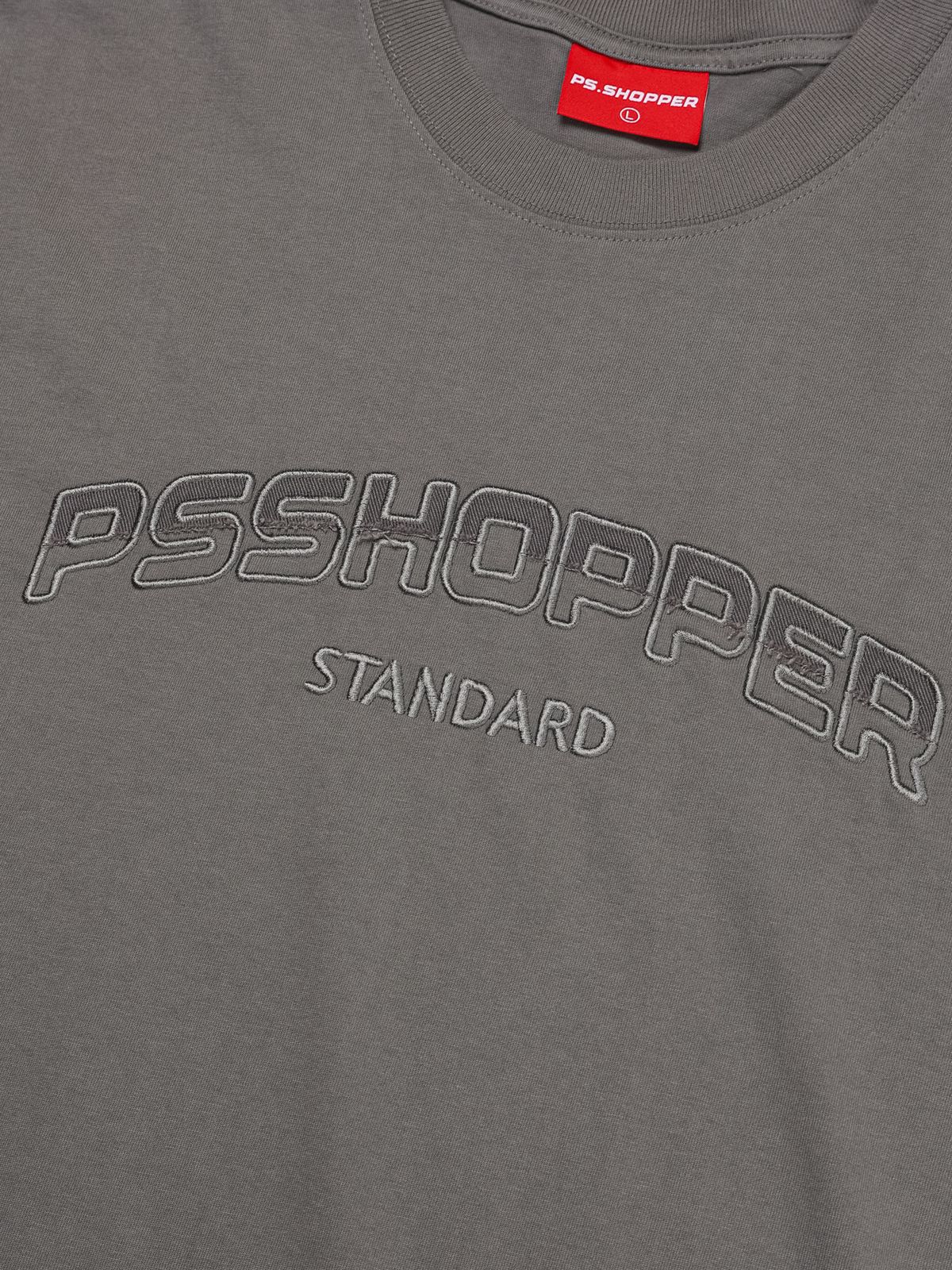 피에스쇼퍼(PSSHOPPER) 오리지널 로고 고밀도 뒷판 절개 반팔 티셔츠[그레이]