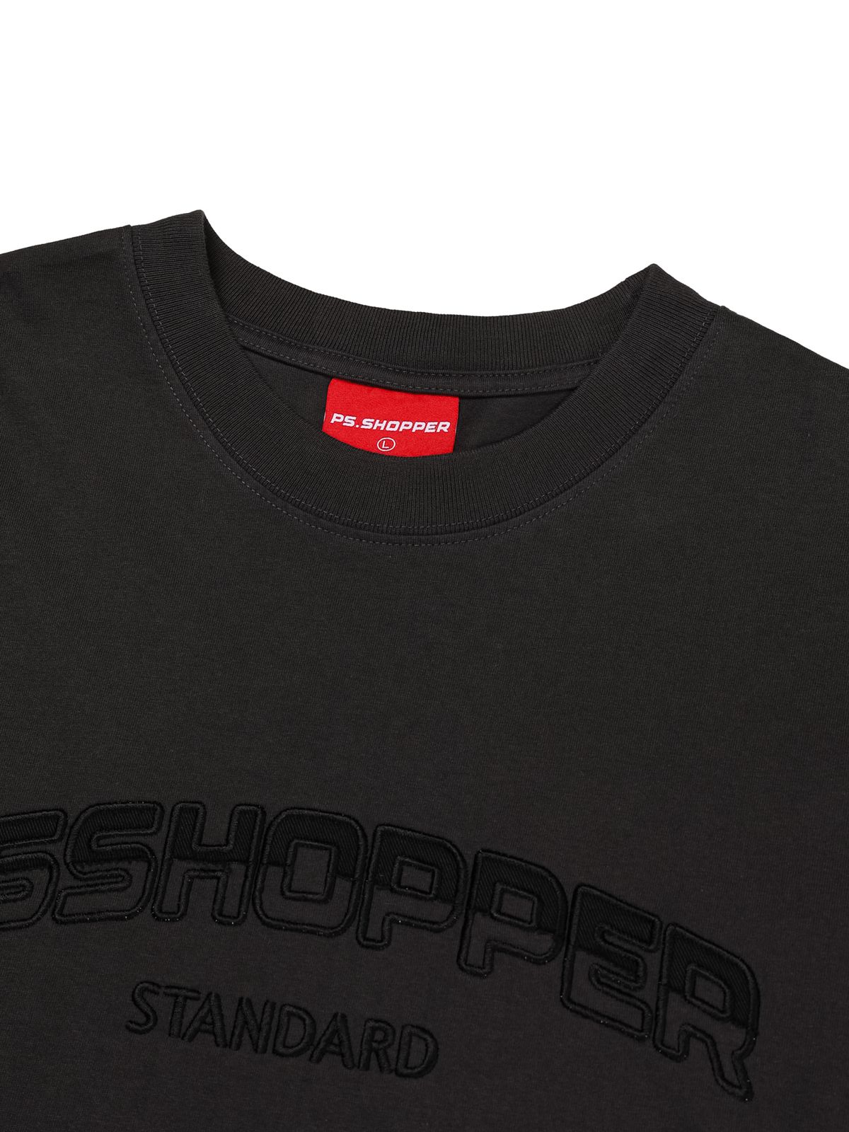 피에스쇼퍼(PSSHOPPER) 오리지널 로고 고밀도 뒷판 절개 반팔 티셔츠[다크 그레이]