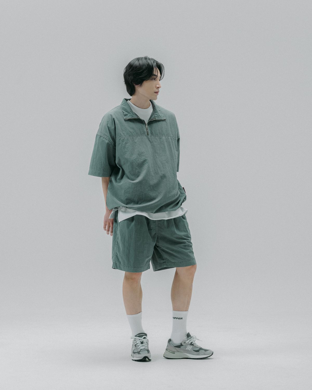 피에스쇼퍼(PSSHOPPER) [2 Pack] 피그먼트 워싱 쿨 반집업 반바지 세트[라이트 그린]