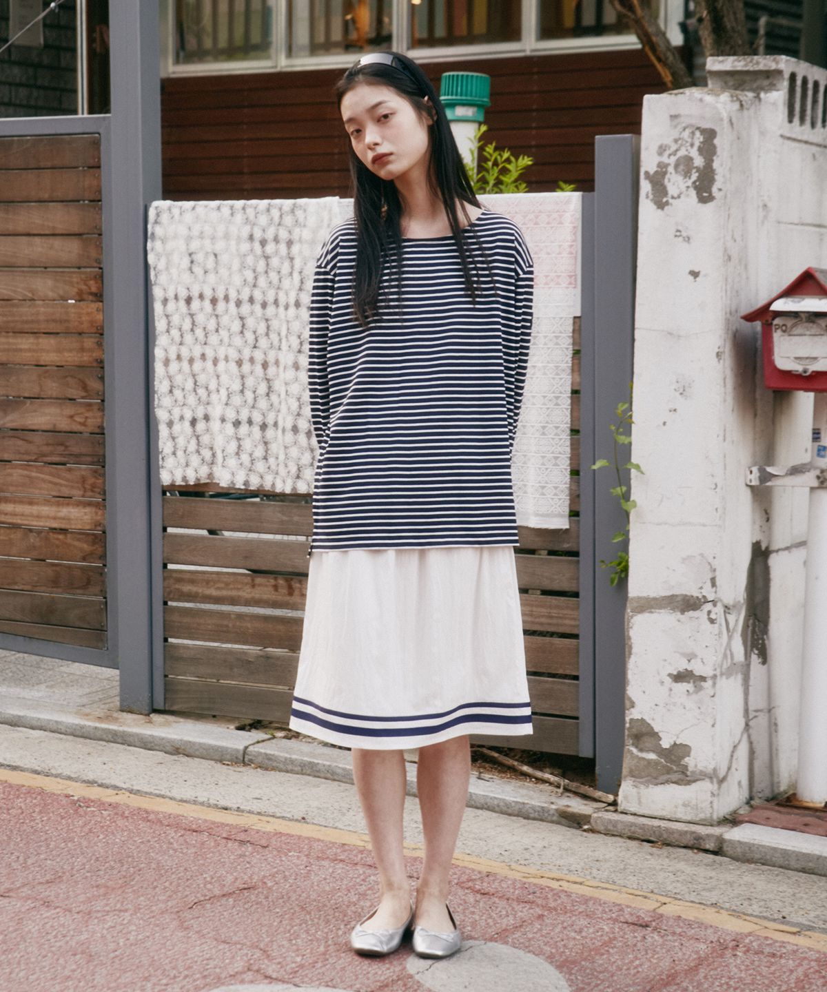 프리터(FRITUR) Marine Stripe Mid-Skirt White_F252SK05
