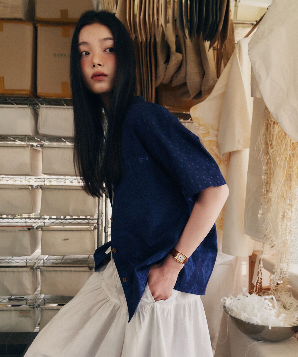 프리터(FRITUR) Pattern Patchwork Shirt Navy_F252ST06