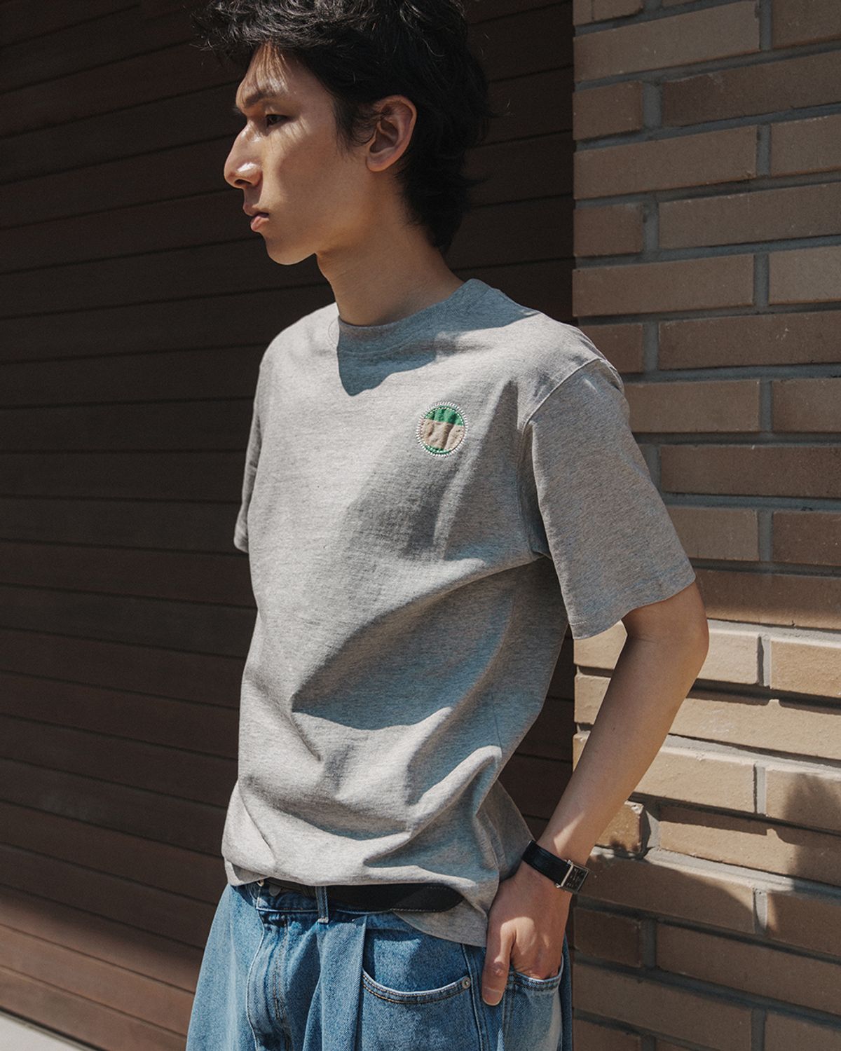 사일런트실러블(SILENTSYLLABLE) Circle patched half T-shirts / Melange gray