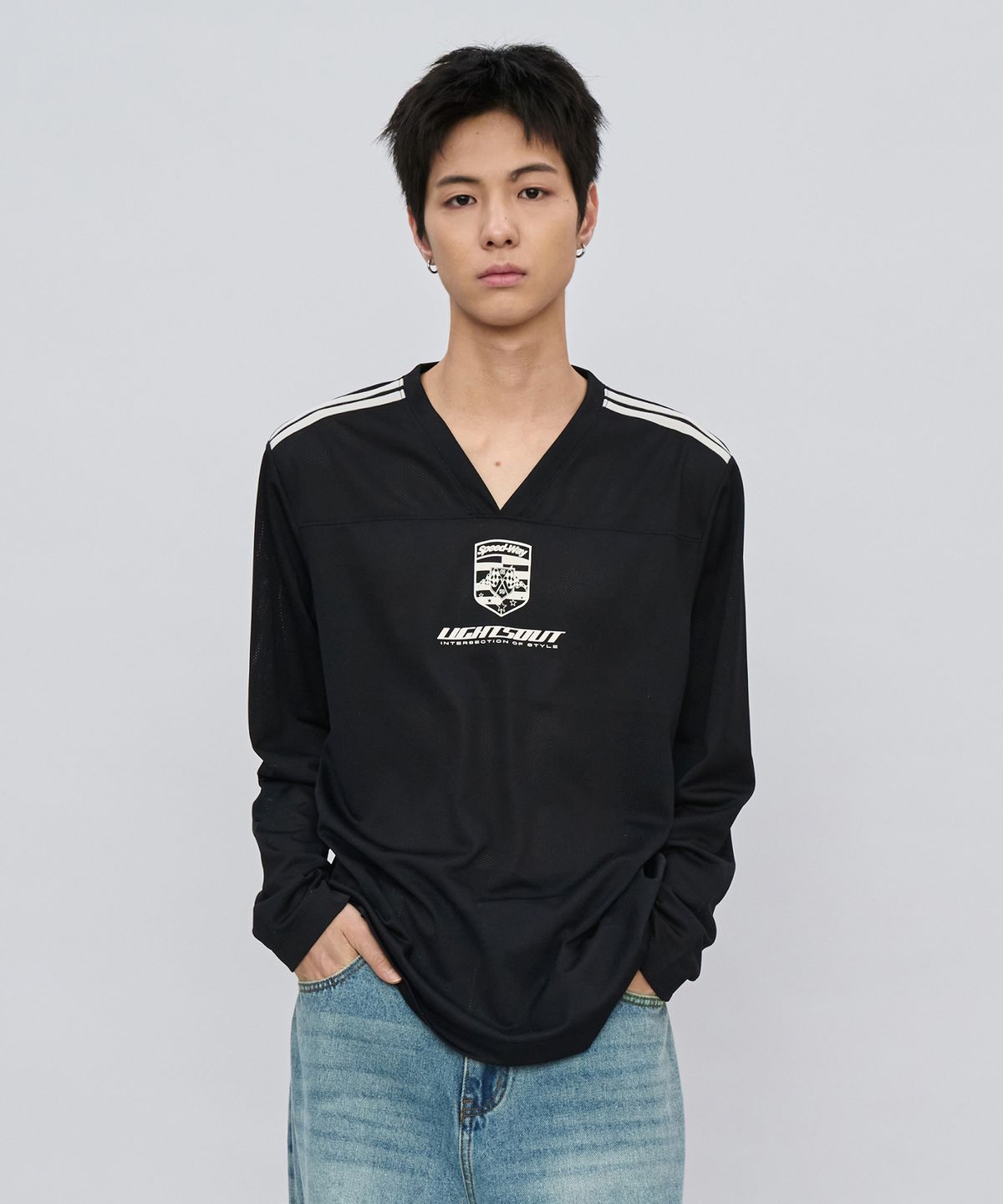 메아(MEA) MESH V-NECK LONG SLEEVE [BLACK]