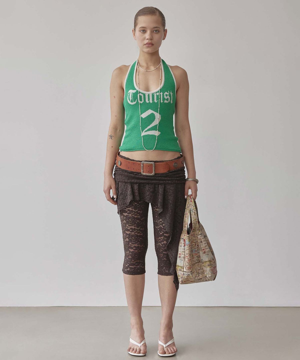 스컬프터(SCULPTOR) Asymmetric Lace Skirt Leggings Brown