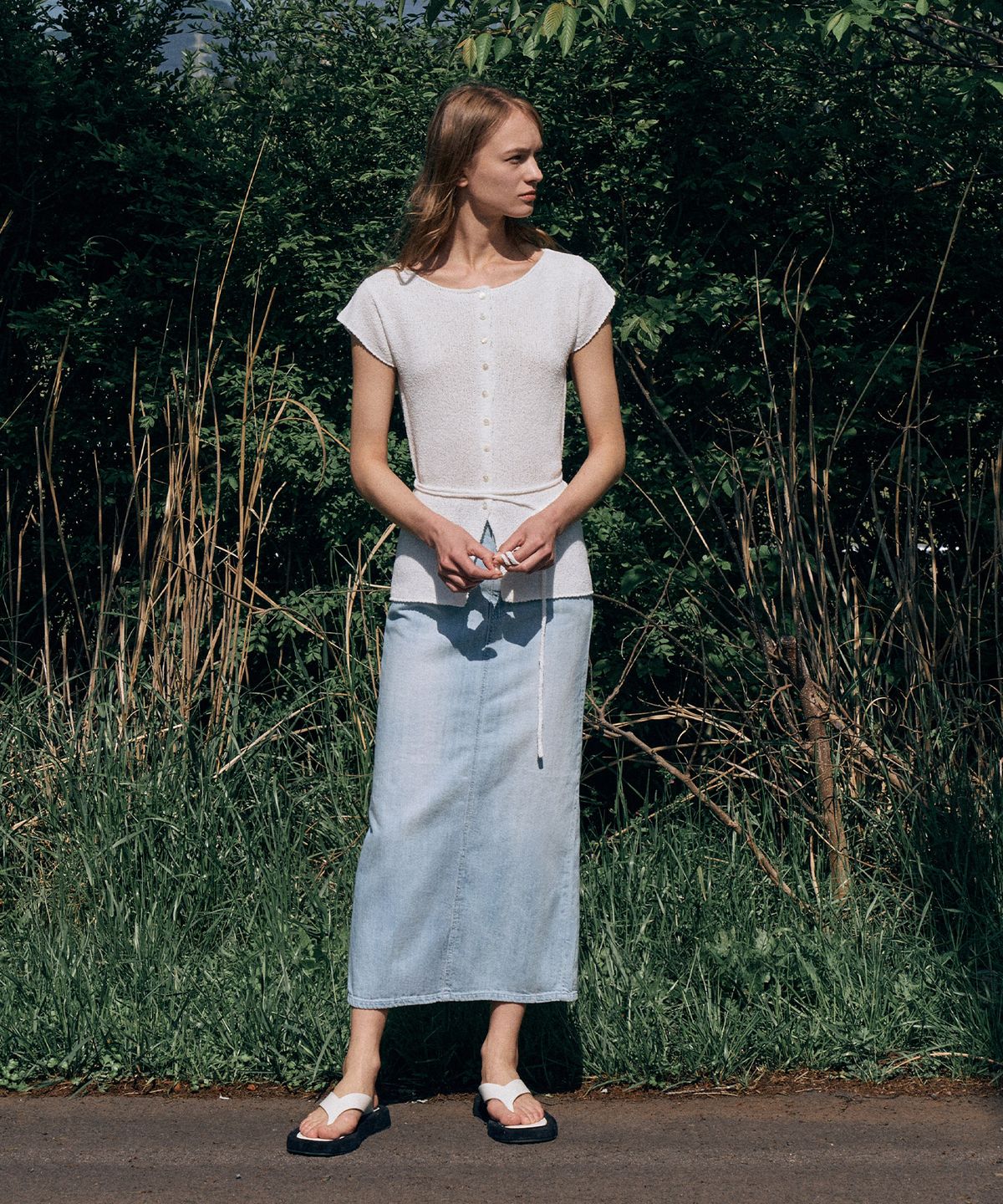 라메레이(LAMEREI) H-line Denim Long Skirt[LMBESUDN5208]-Light Blue