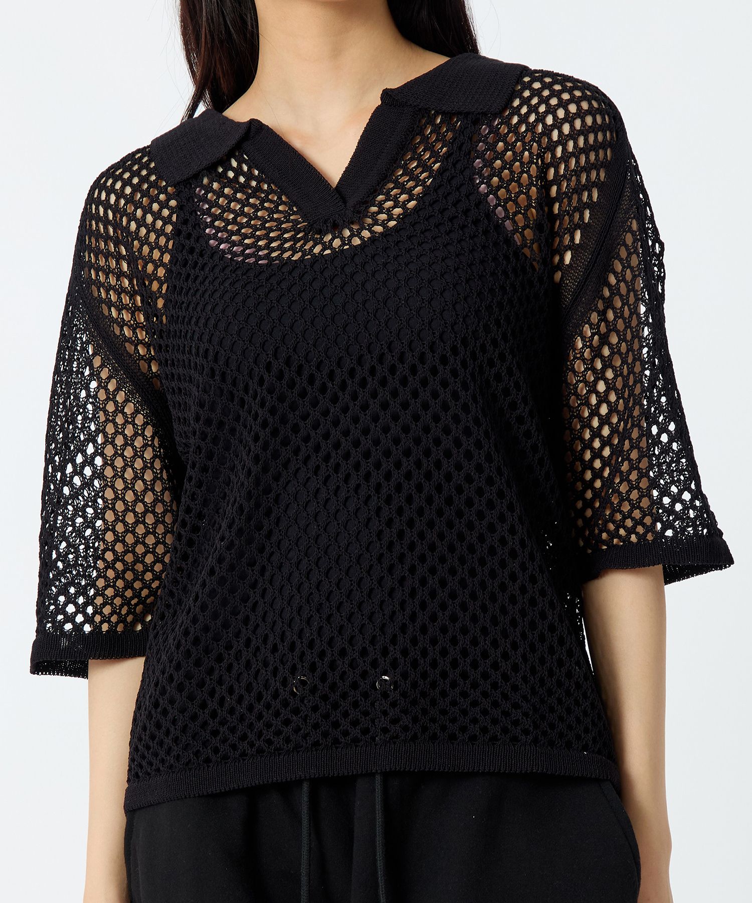 【MODERNIF】Luca Punching Short Sleeve Collar Knit MUSINSA | ANDTHEOTHER Punching collar short sleeve knit black