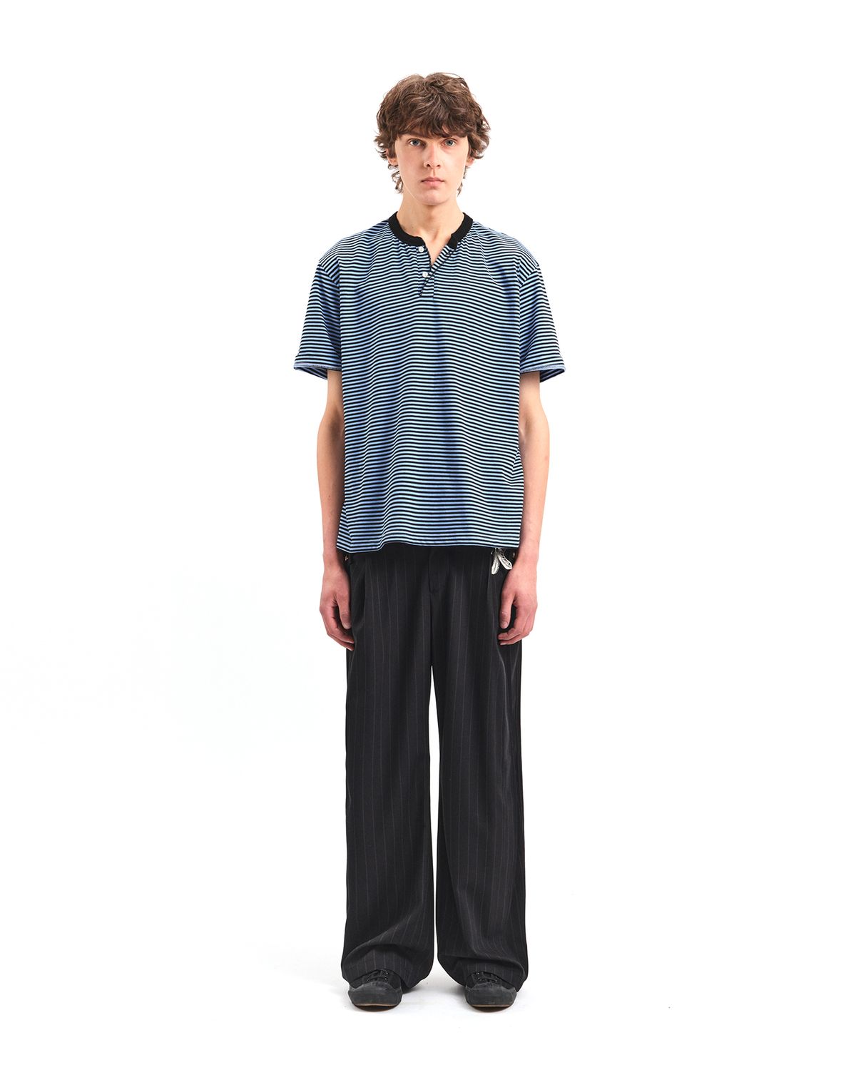 포커페이스(POKERFACE) STRIPE HENLEY NECK T-SHIRTS BLUE
