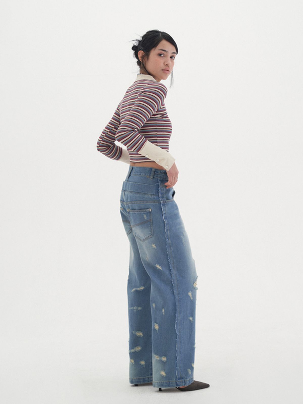 비보라(BIBORA) 컷팅 와이드 데님 팬츠