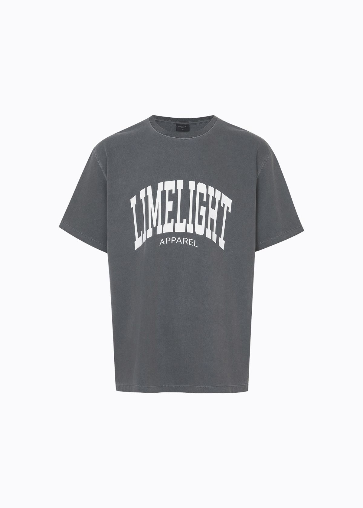 라임라잇 어패럴(LIMELIGHT APPAREL) 어패럴 피그먼트 아치 로고 티셔츠 (차콜/화이트)