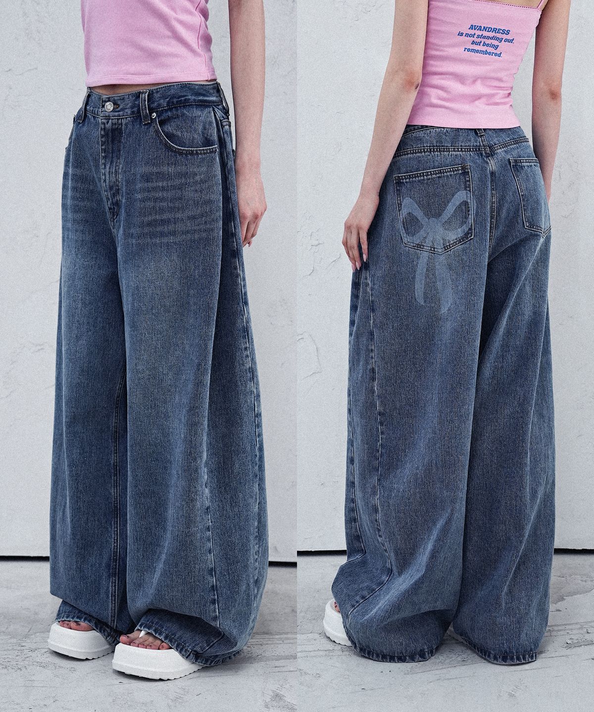 어반드레스(AVANDRESS) Ribbon Incision Wide Denim Pants - 2COL