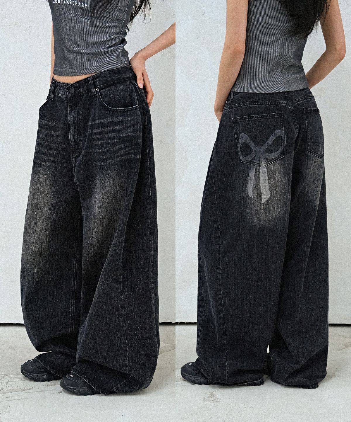 어반드레스(AVANDRESS) Ribbon Incision Wide Denim Pants - 2COL