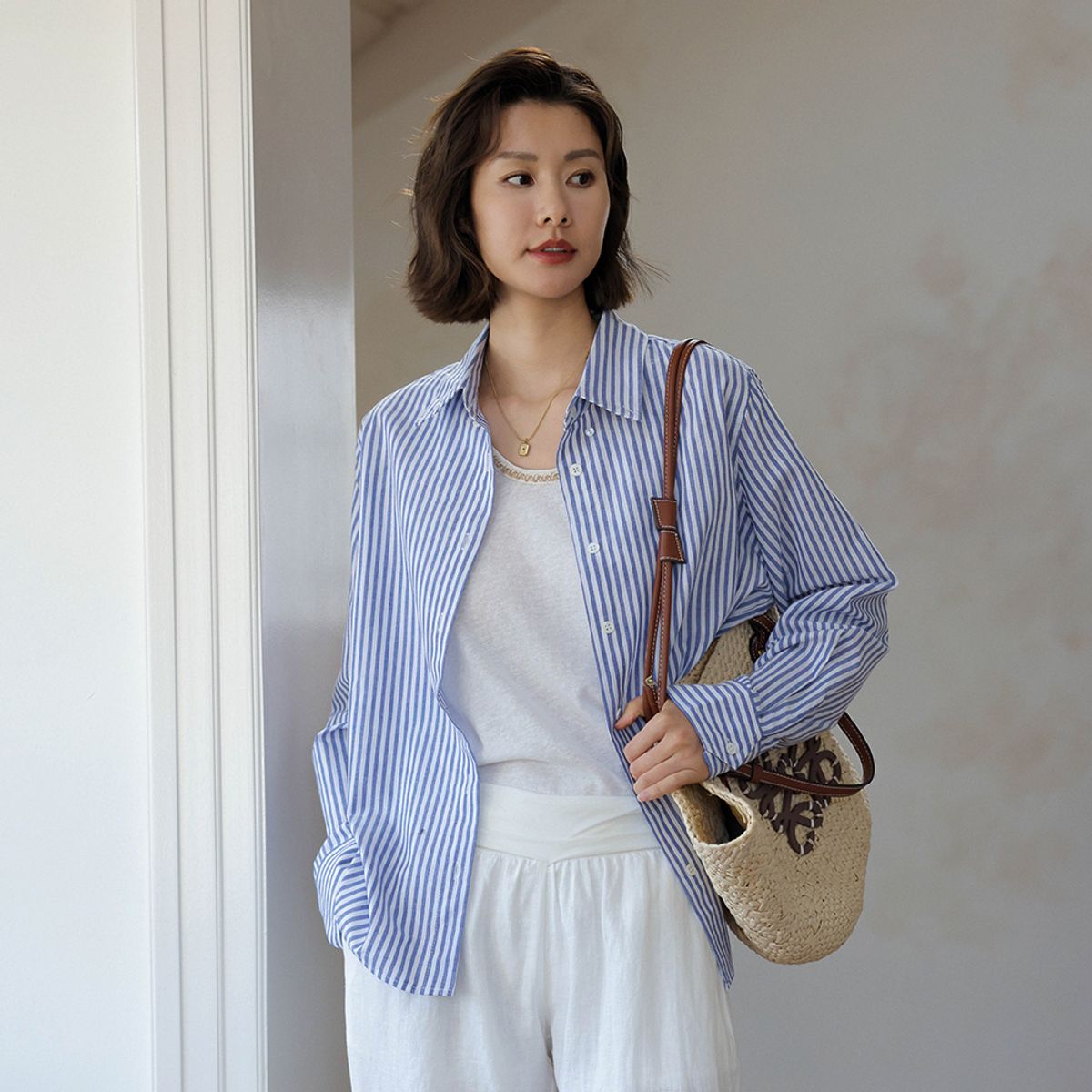 랭썬(LANGSON) LS_Blue striped sunscreen french shirt