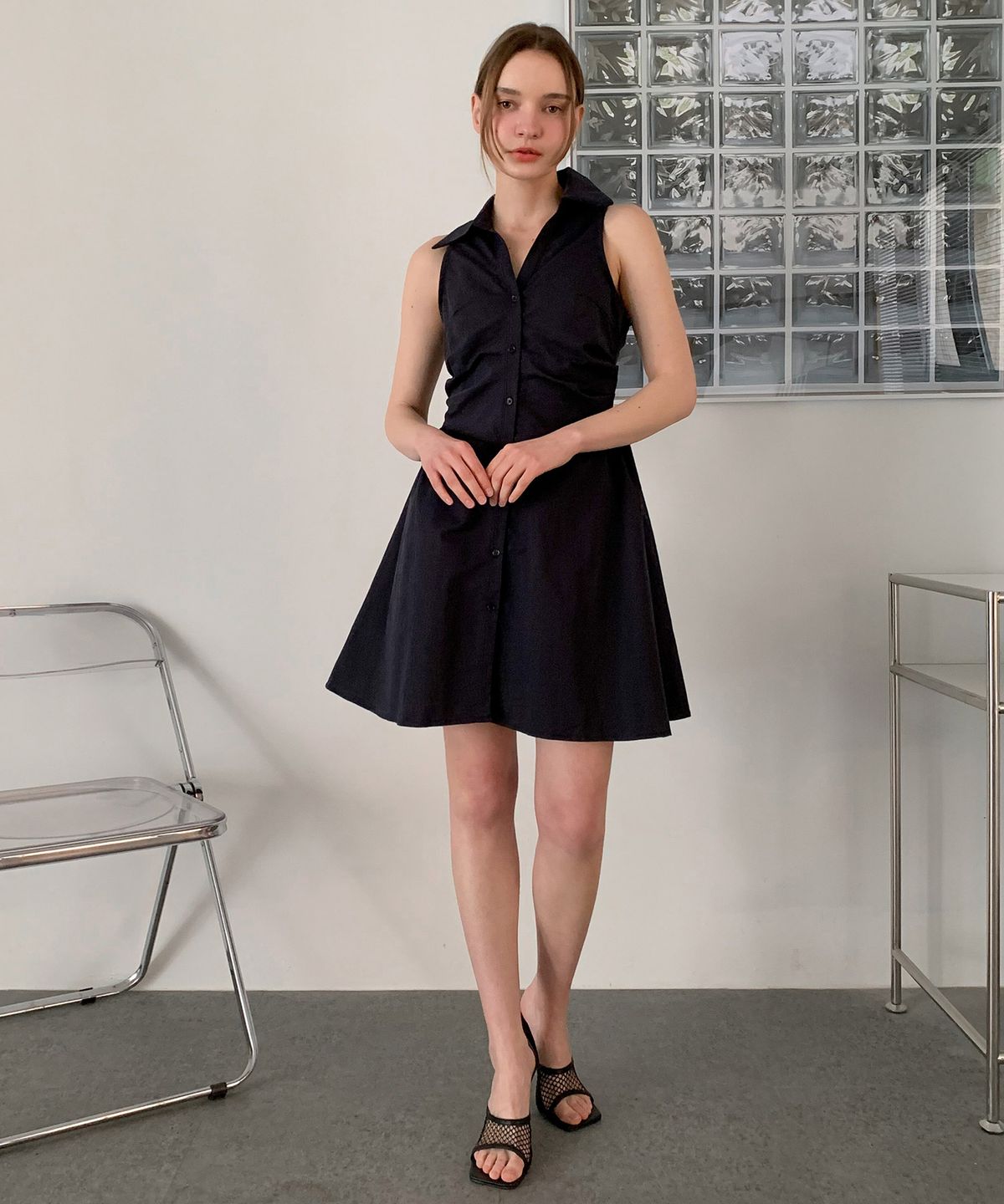 바스카라(VASCARA) Shirring Sleeveless Collar Shirt Mini Dress (2colors)