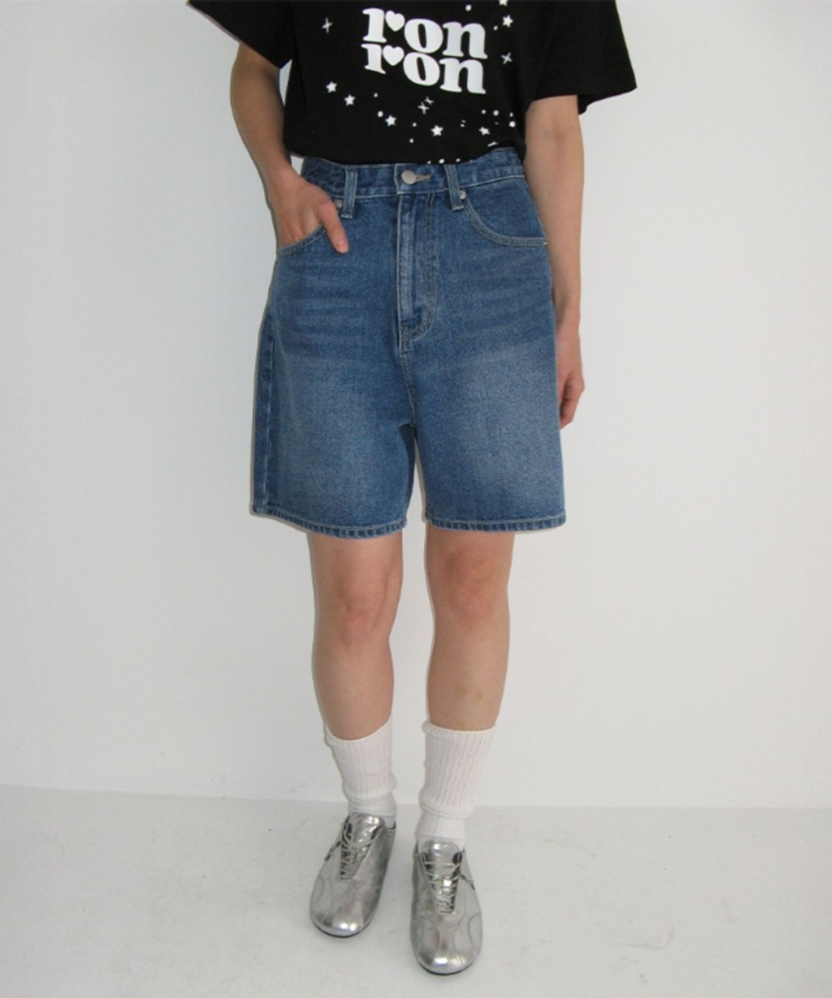 론론(RONRON) STAR POCKET DENIM SHORTS PANTS MEDIUM BLUE
